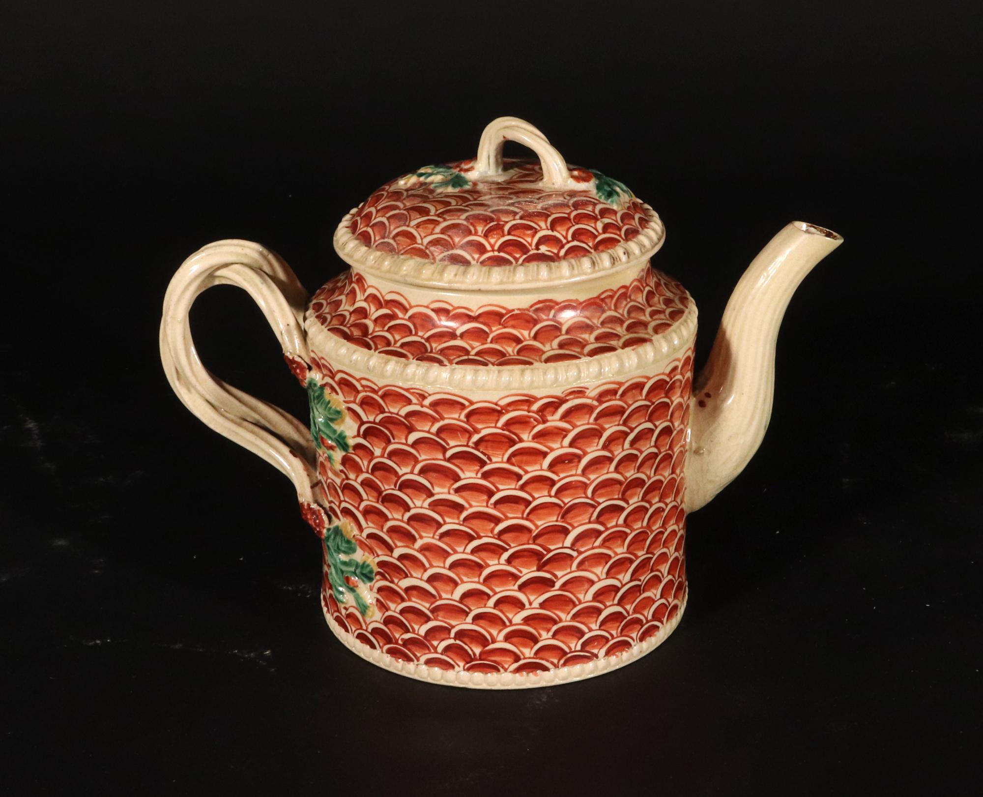 English Creamware Pottery Teapot with Rare Fish Scale Design, Yorkshire For Sale 2
