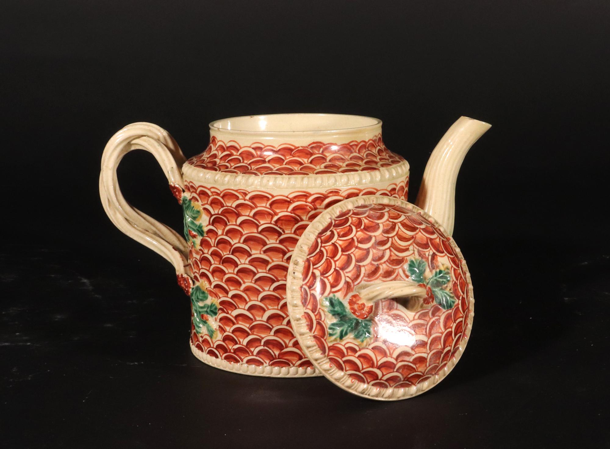 English Creamware Pottery Teapot with Rare Fish Scale Design, Yorkshire For Sale 3