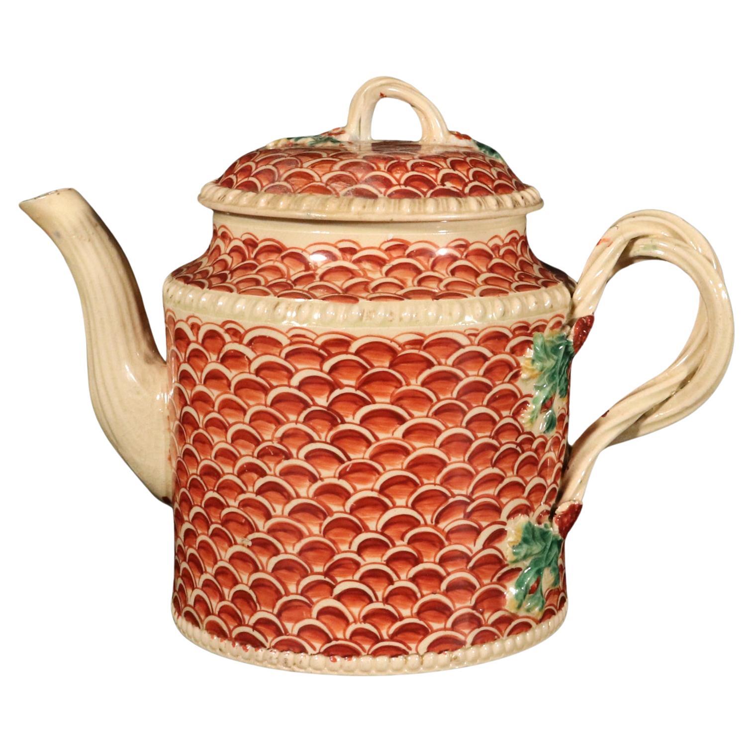 English Creamware Pottery Teapot with Rare Fish Scale Design, Yorkshire For Sale
