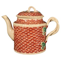 English Creamware Pottery Teapot with Rare Fish Scale Design, Yorkshire