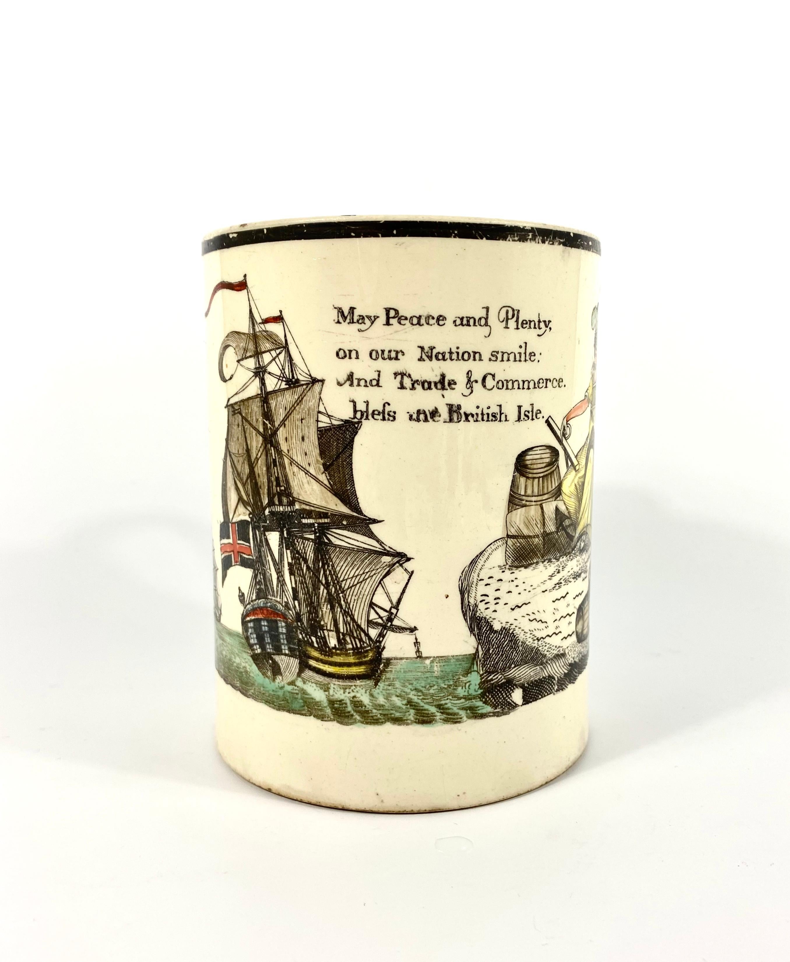 Fine English creamware mug, circa 1790. Printed in black with a scene of Britannia seated upon a rock, with a sailor smoking a pipe, above cases of merchandise. Looking out to sea, there are three ships. Inscribed ‘Success to the Ship Trade’, and