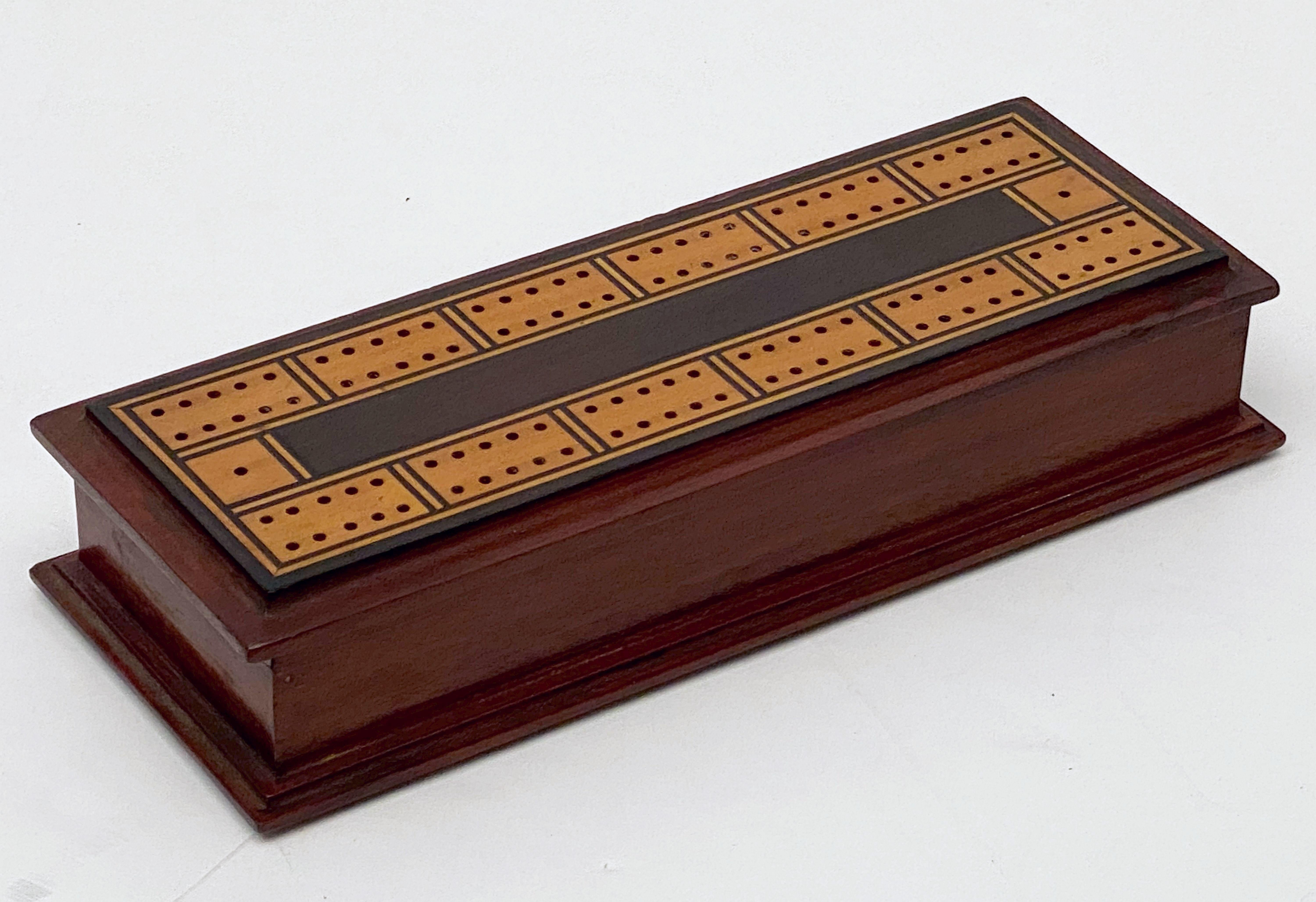 English Cribbage Board or Game Box of Inlaid Mahogany 11