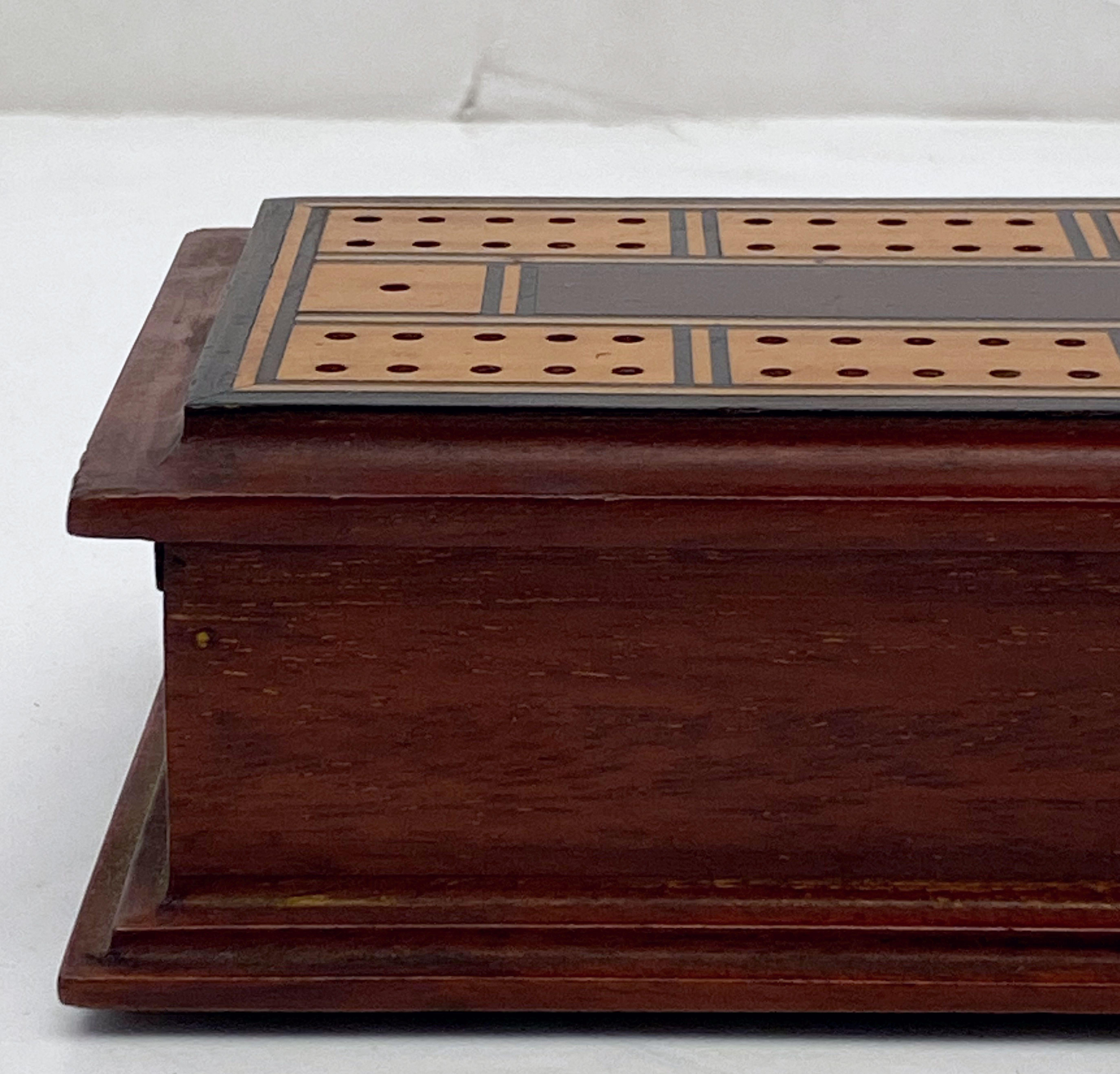English Cribbage Board or Game Box of Inlaid Mahogany 1