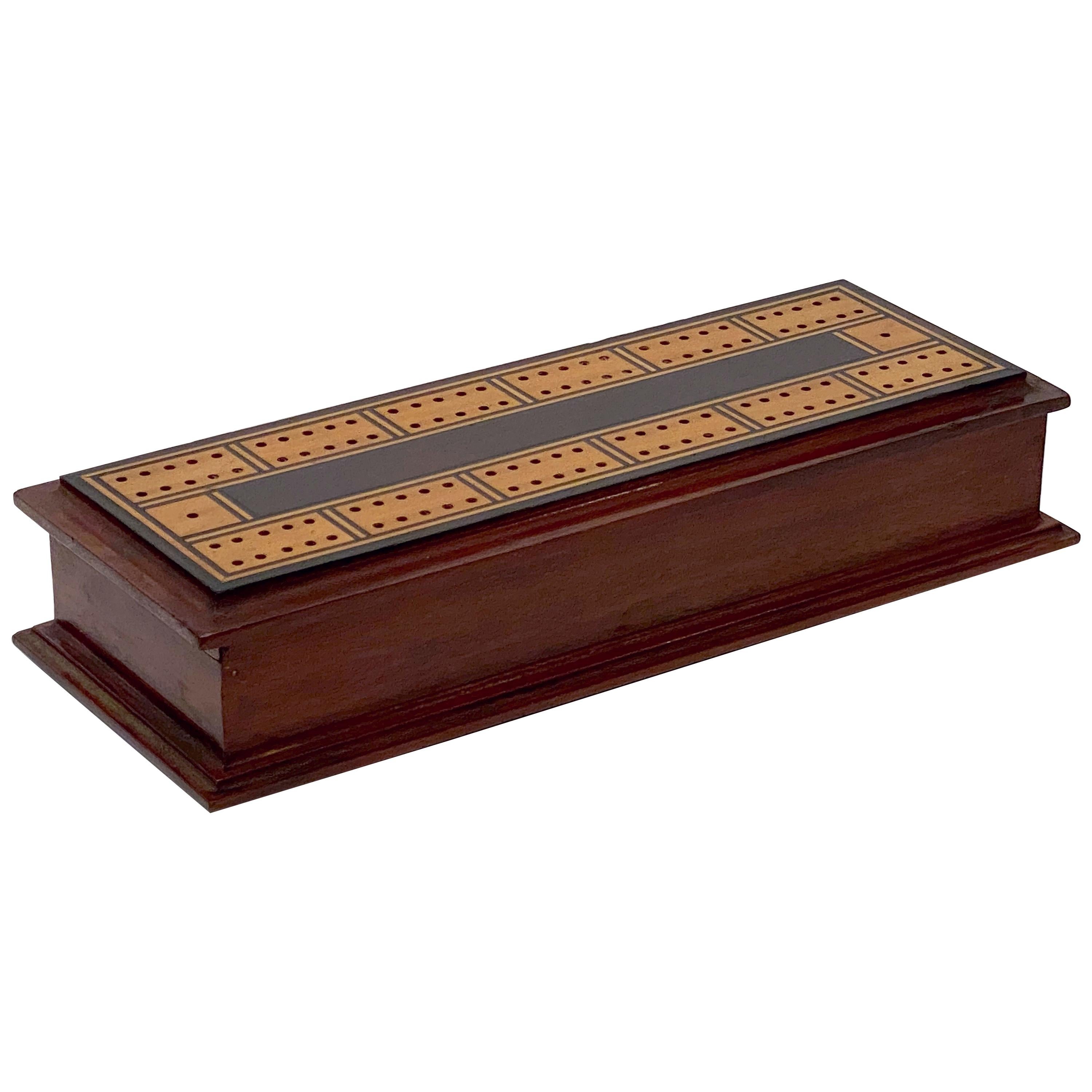 English Cribbage Board or Game Box of Inlaid Mahogany