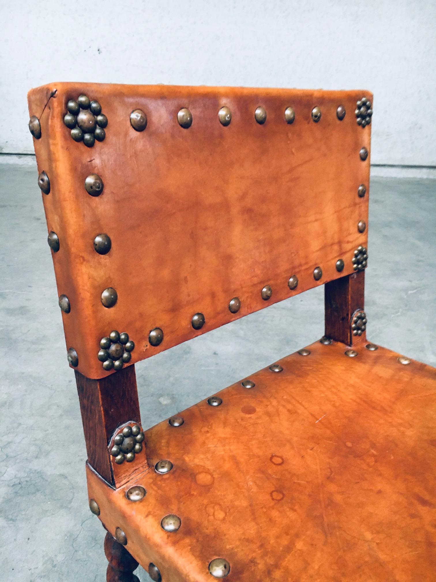 English Cromwellian Style Tan Leather & Oak Side Chairs, Early 1900s For Sale 7