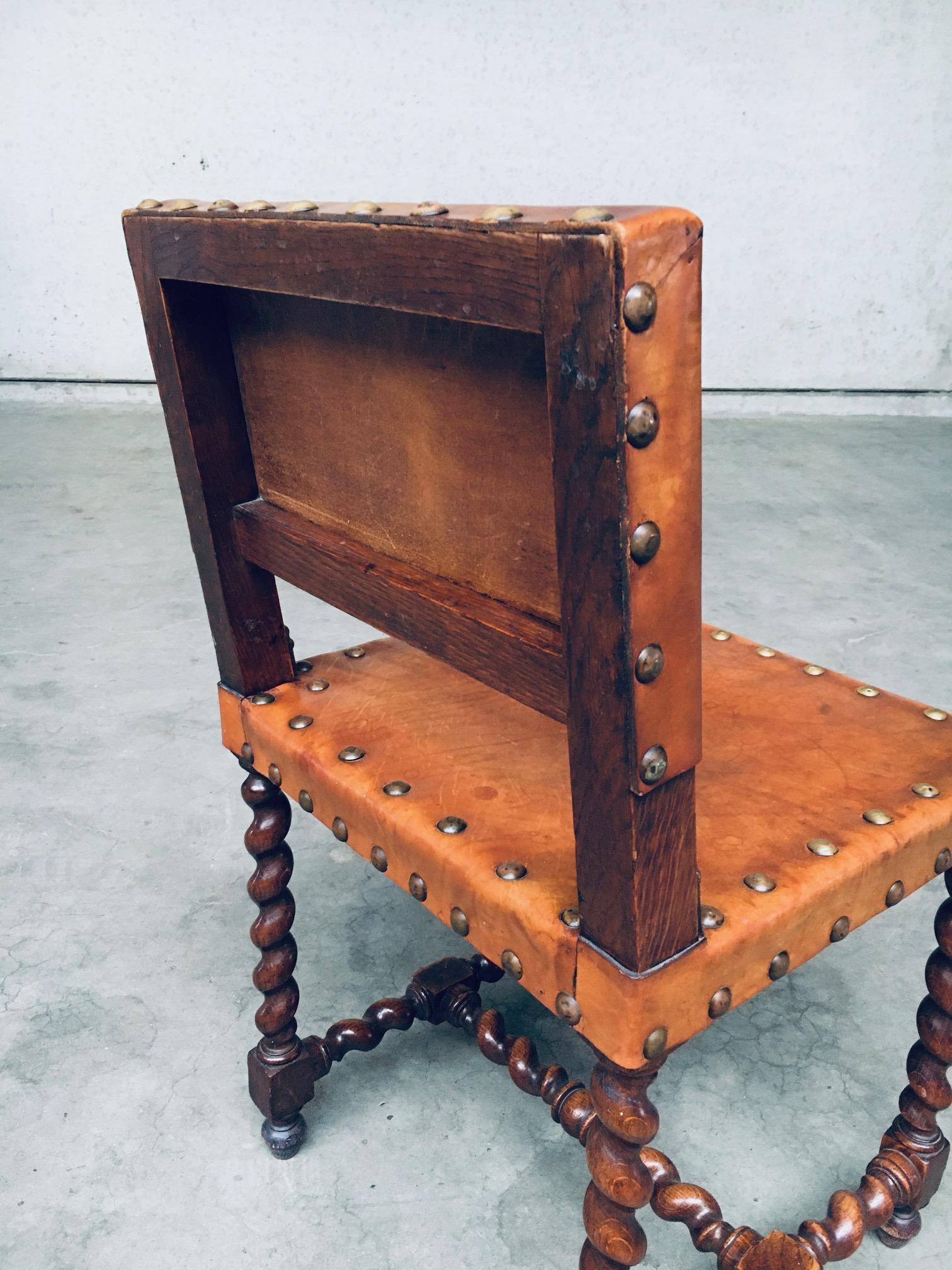 English Cromwellian Style Tan Leather & Oak Side Chairs, Early 1900s For Sale 8