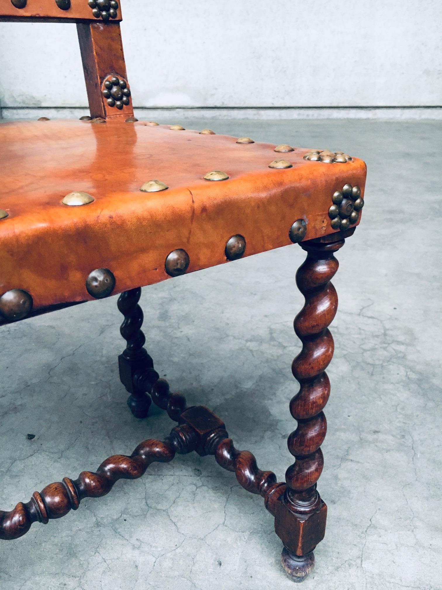 English Cromwellian Style Tan Leather & Oak Side Chairs, Early 1900s For Sale 11