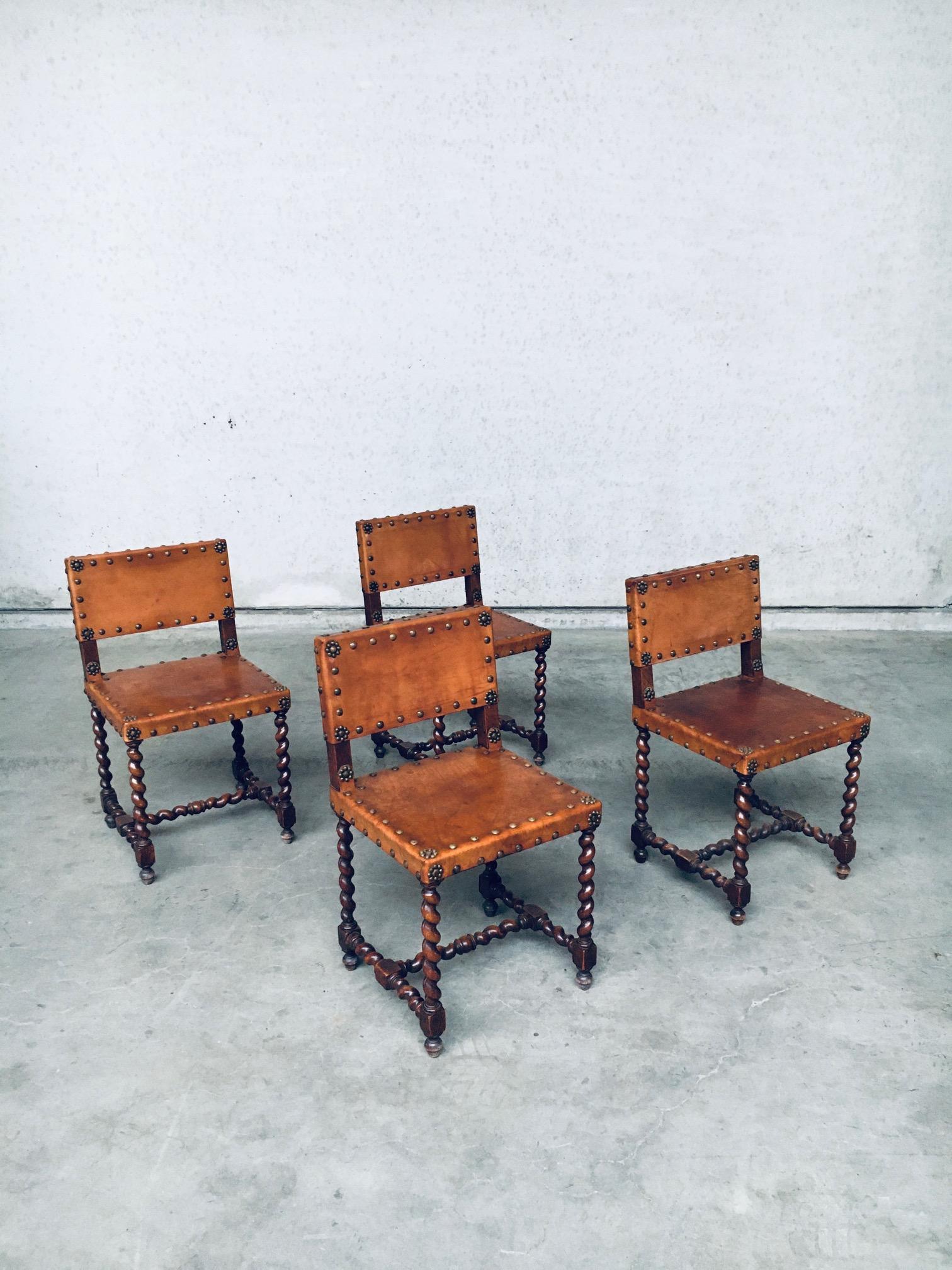 Vintage Antique English Cromwellian Style Tan Leather and Oak Side Chair set of 4. Made in England, early 1900's. Noble looking English Cromwellian Tudor style side chairs. Solid oak frame with skillfully turned legs and stretchers which have been