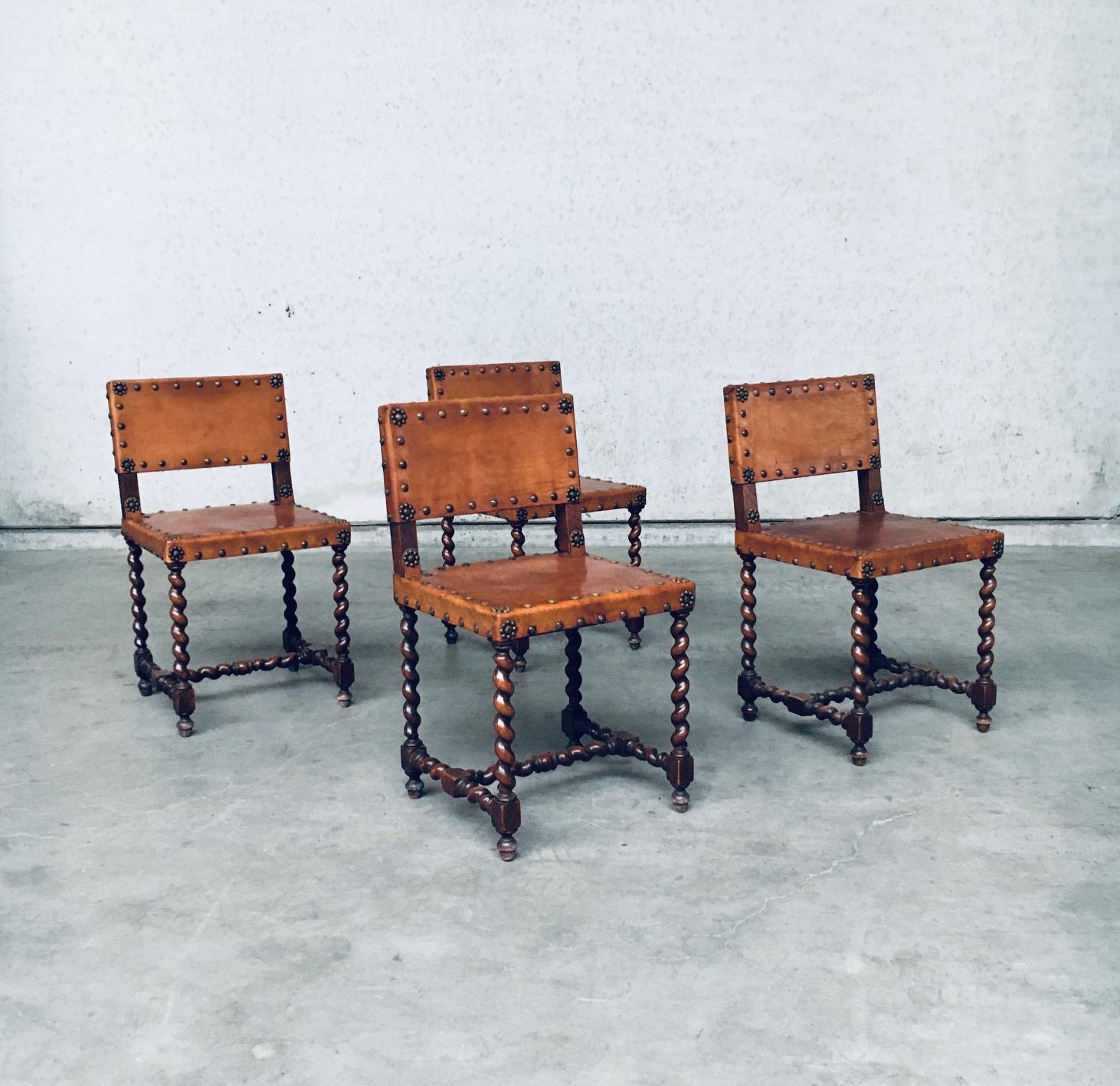 Englische Beistellstühle aus braunem Leder und Eiche im Cromwellian-Stil, frühe 1900er Jahre (Tudor) im Angebot