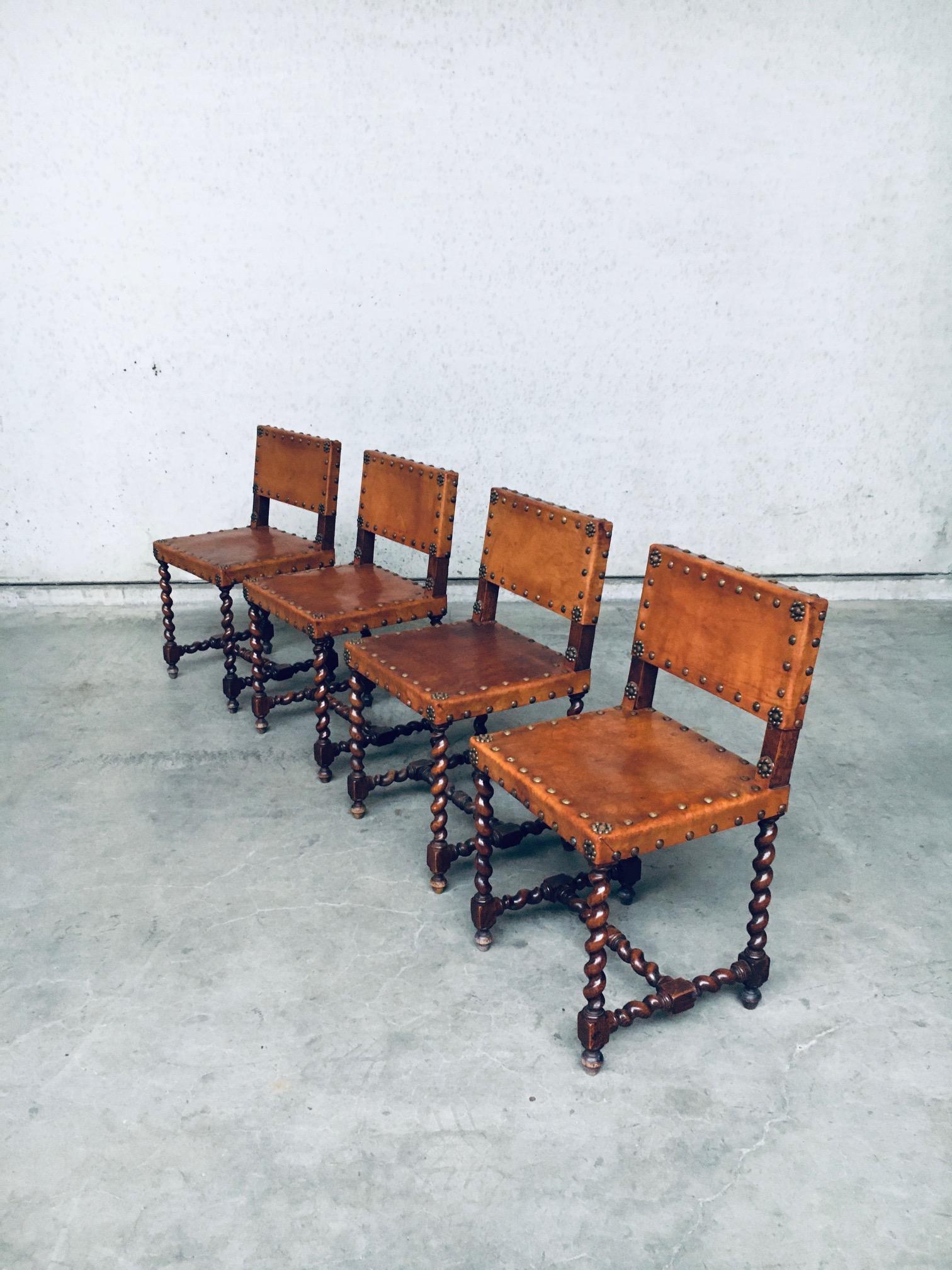 British English Cromwellian Style Tan Leather & Oak Side Chairs, Early 1900s For Sale