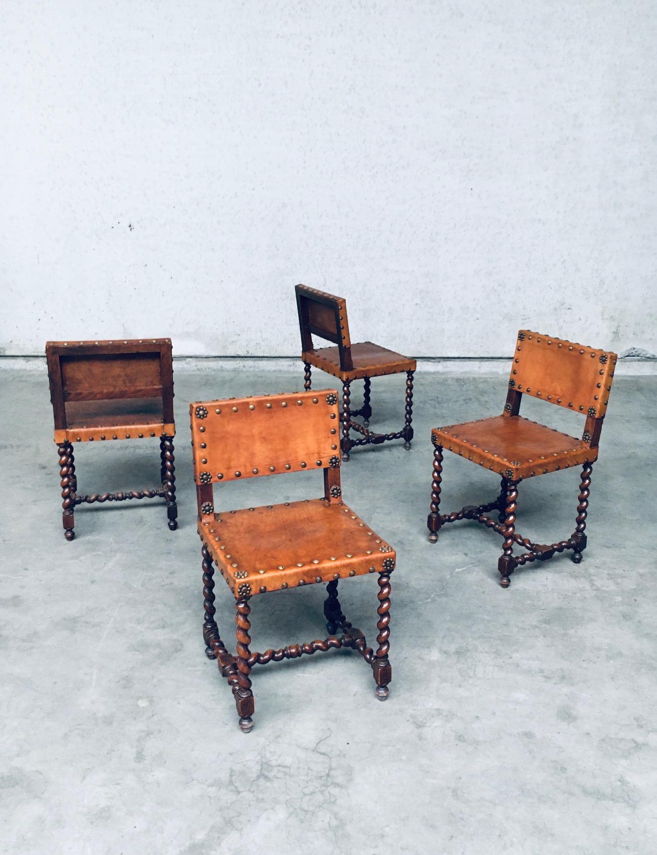 Early 20th Century English Cromwellian Style Tan Leather & Oak Side Chairs, Early 1900s For Sale
