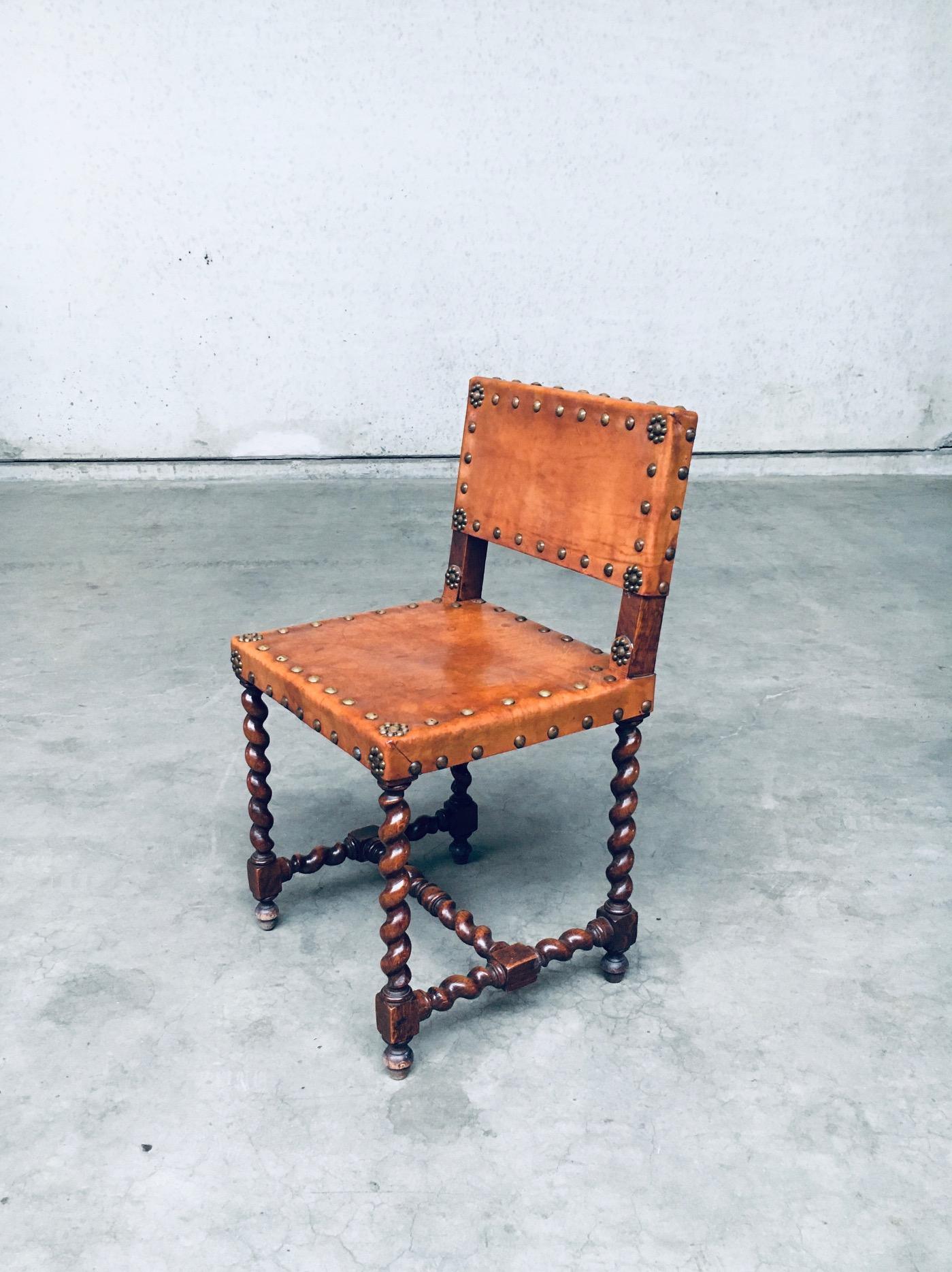 English Cromwellian Style Tan Leather & Oak Side Chairs, Early 1900s For Sale 2