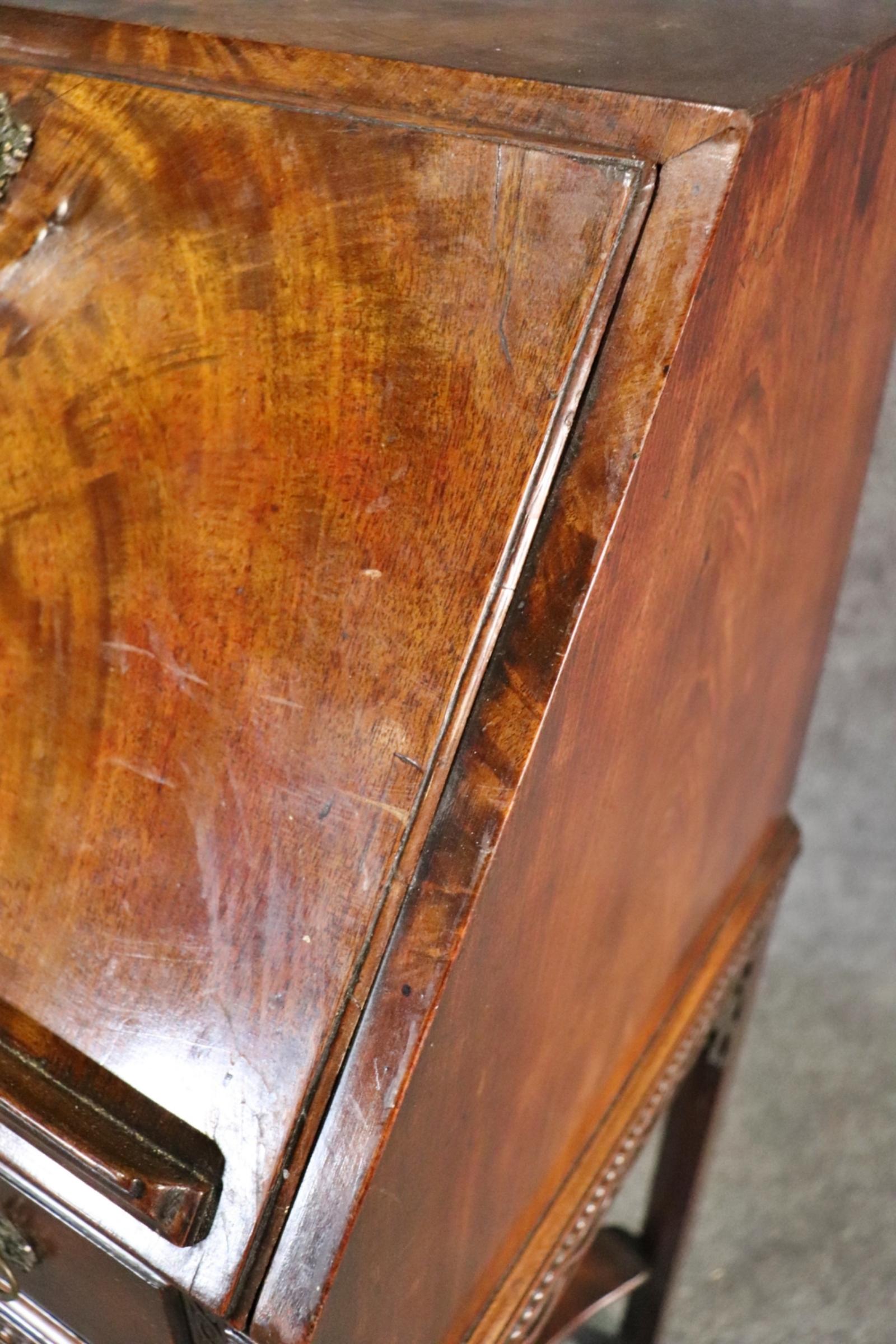 English Crotch Grain Walnut Leather Chinese Chippendale Style Secretary Desk 5