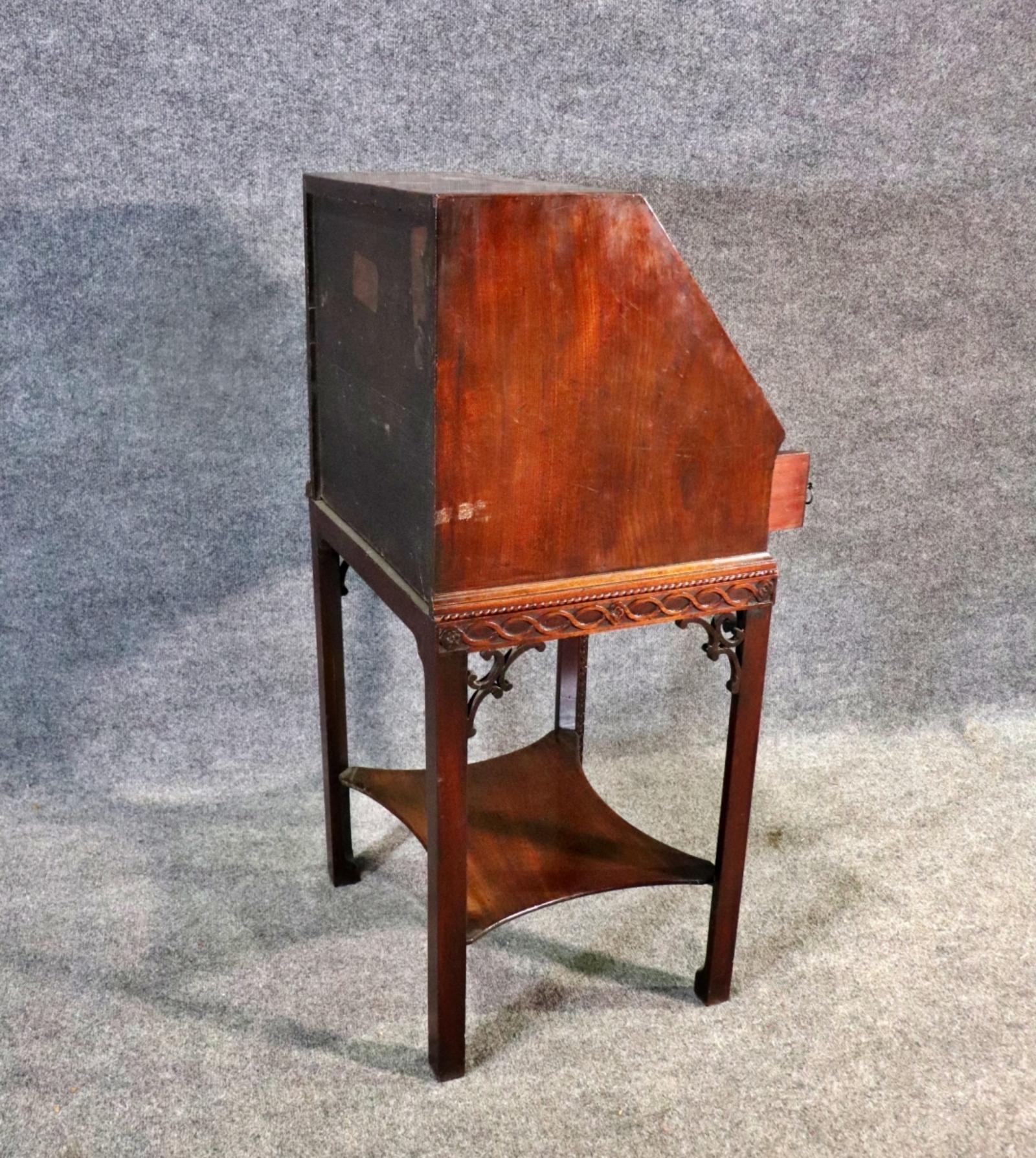English Crotch Grain Walnut Leather Chinese Chippendale Style Secretary Desk 6