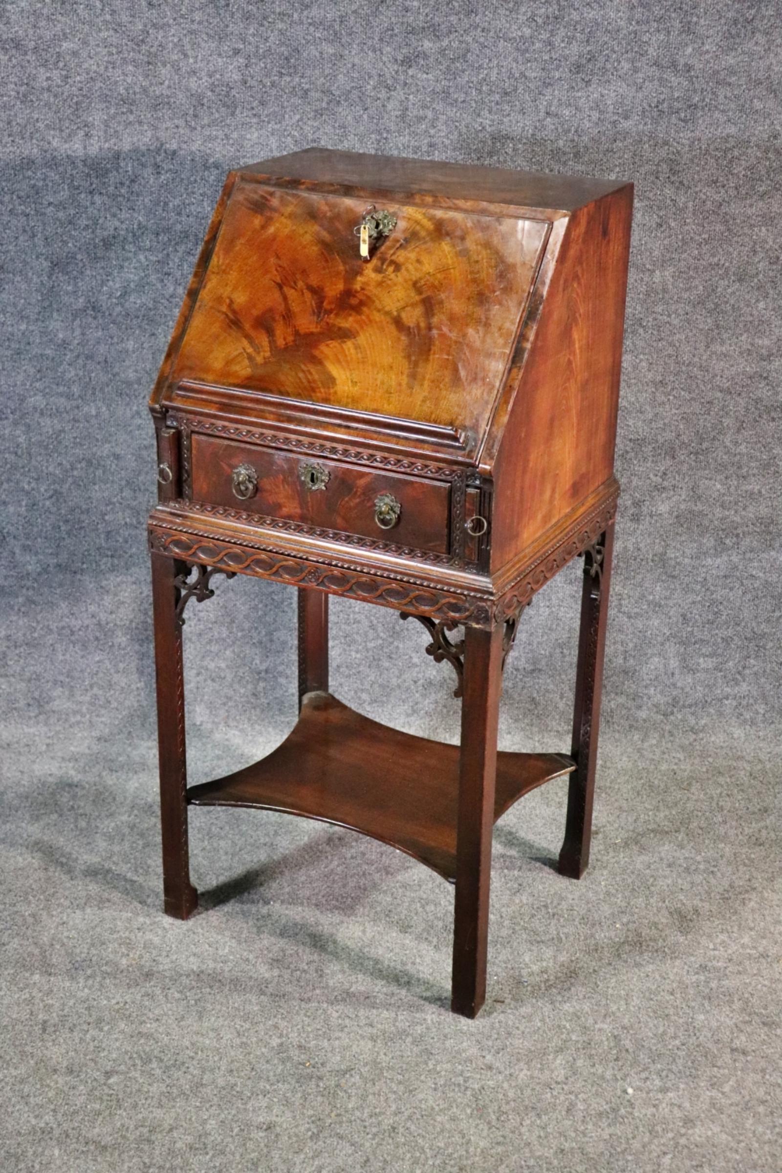 English Crotch Grain Walnut Leather Chinese Chippendale Style Secretary Desk 7