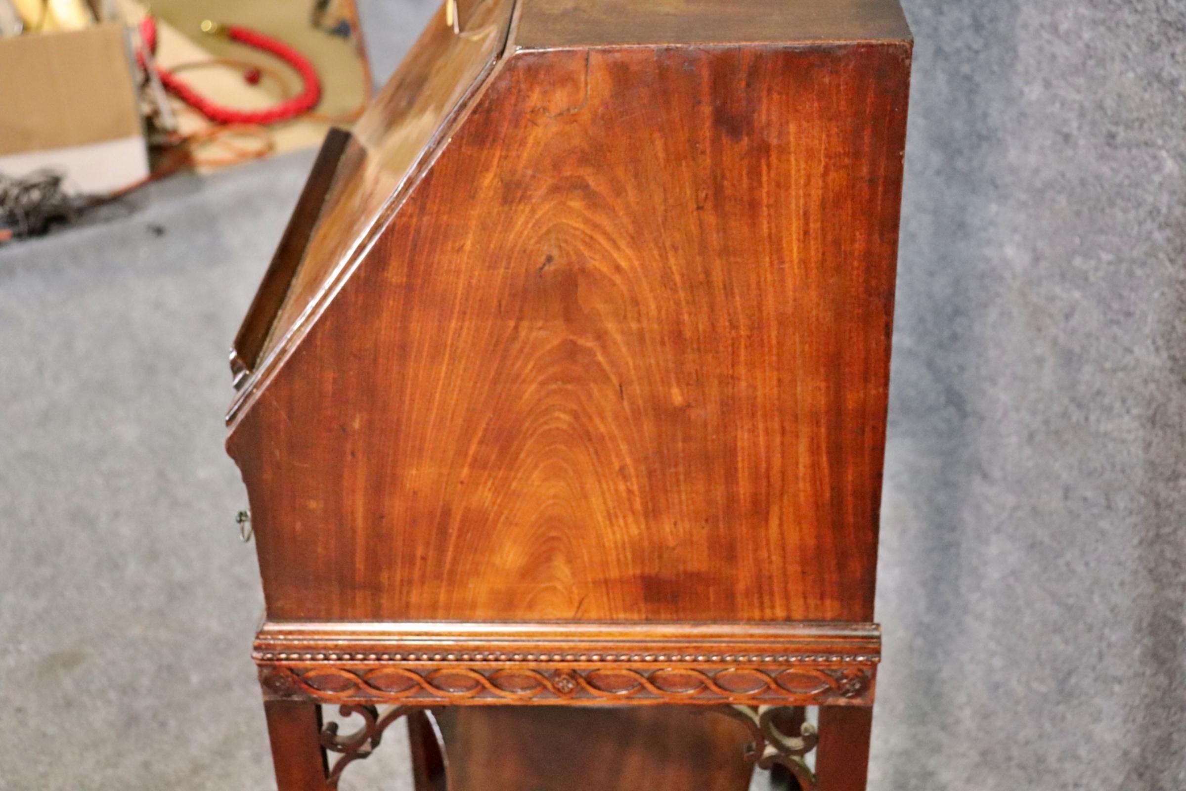 Early 20th Century English Crotch Grain Walnut Leather Chinese Chippendale Style Secretary Desk