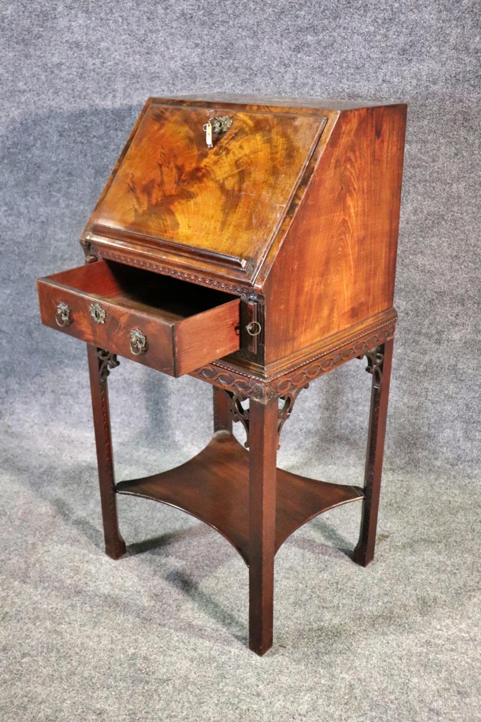 English Crotch Grain Walnut Leather Chinese Chippendale Style Secretary Desk 1