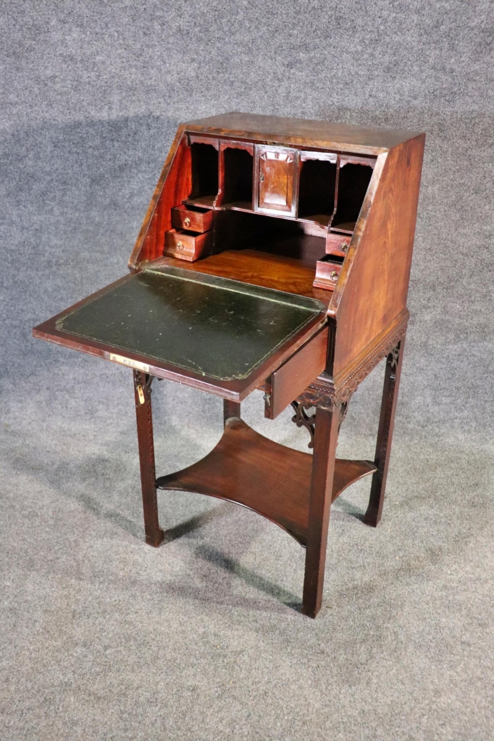 English Crotch Grain Walnut Leather Chinese Chippendale Style Secretary Desk 2