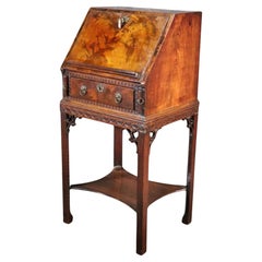 English Crotch Grain Walnut Leather Chinese Chippendale Style Secretary Desk