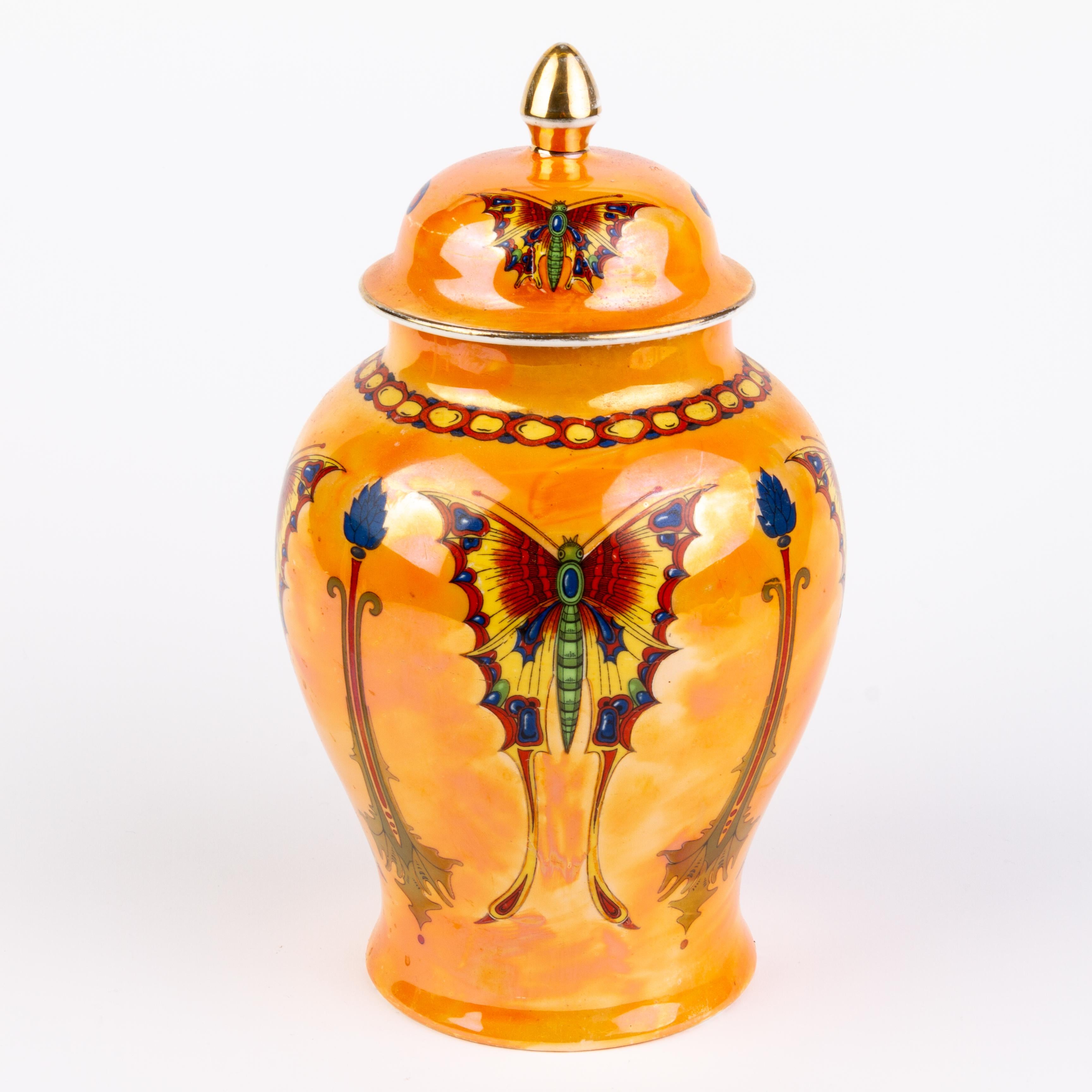 English Crown Ducal Iridescent Orientalist Art Deco Butterfly Lidded Vase 1930s In Good Condition In Nottingham, GB