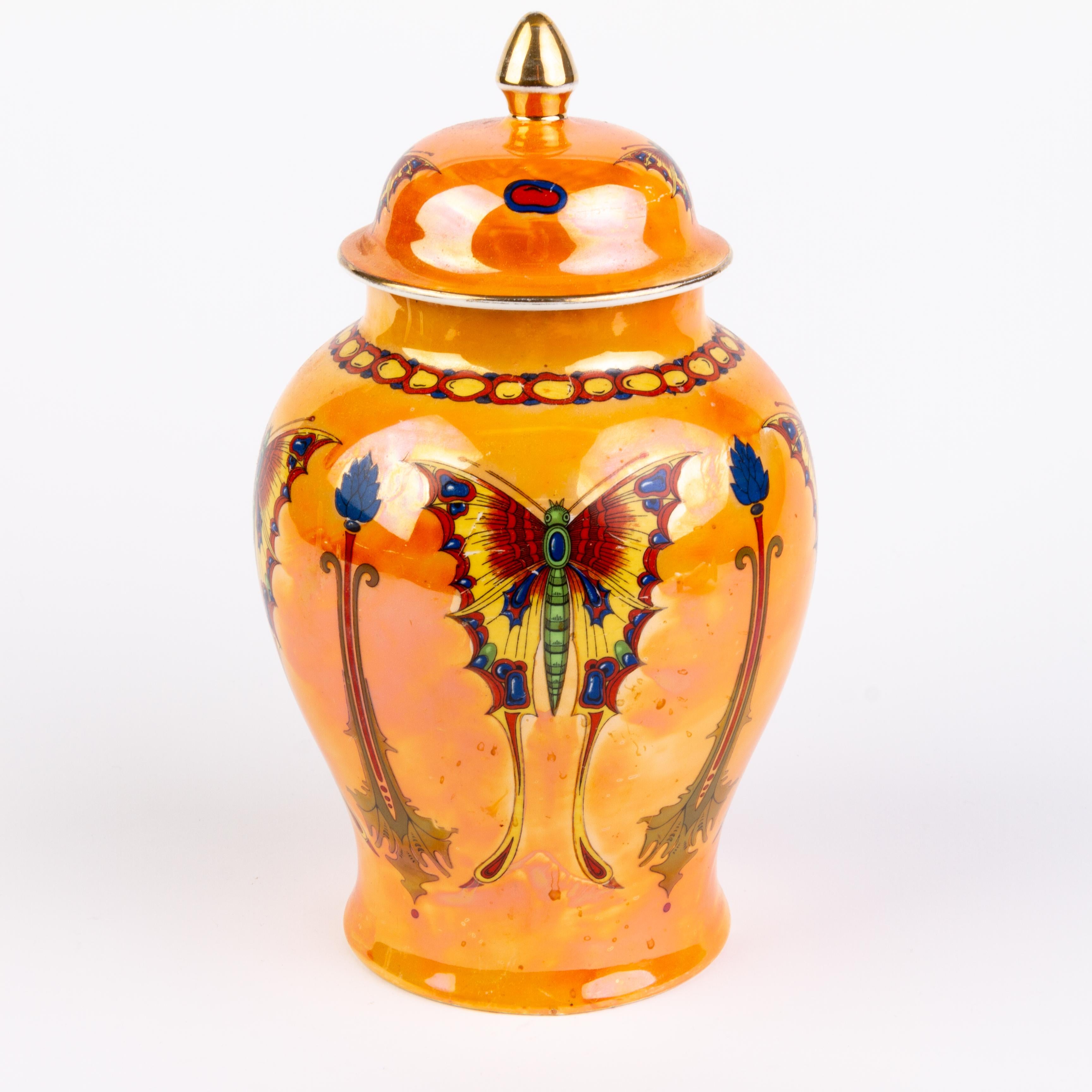 20th Century English Crown Ducal Iridescent Orientalist Art Deco Butterfly Lidded Vase 1930s