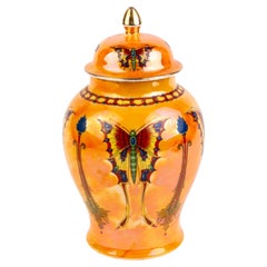 Vintage English Crown Ducal Iridescent Orientalist Art Deco Butterfly Lidded Vase 1930s