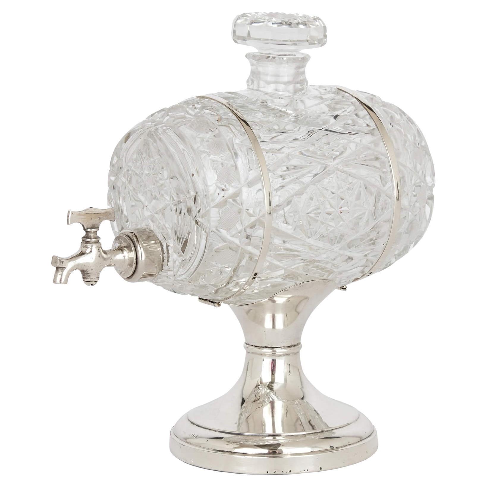 English Crystal and Silver Barrel Decanter For Sale