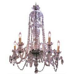 English Crystal Six Light Chandelier with Bulbous Column & Scrolled Arms, C 1840