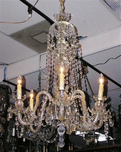 English Crystal Six Light Chandelier with Bulbous Column & Scrolled Arms, C 1840