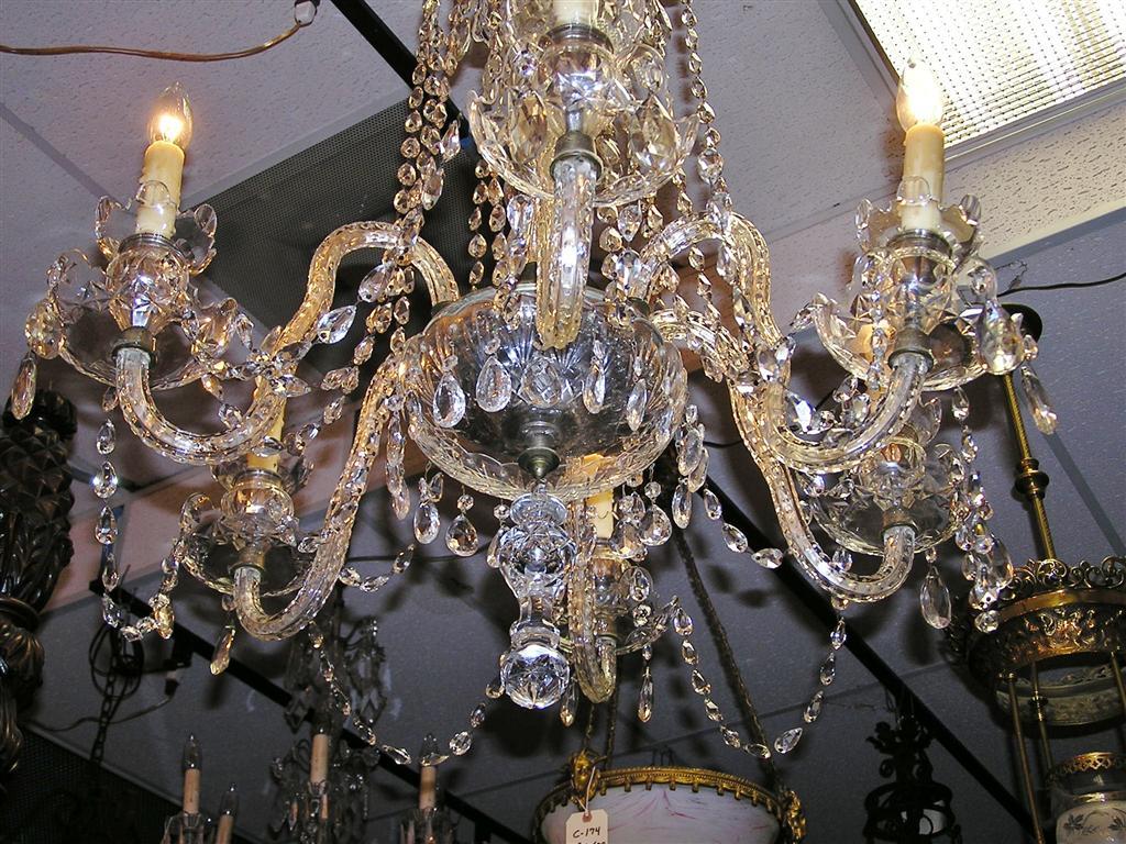 English Crystal Six Light Chandelier with Bulbous Column & Scrolled Arms, C 1840 In Excellent Condition For Sale In Hollywood, SC