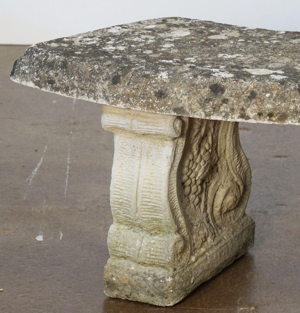 English Curved Garden Stone Bench or Seat with Scroll Base In Good Condition In Austin, TX