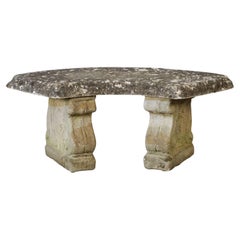 English Curved Garden Stone Bench or Seat with Scroll Base