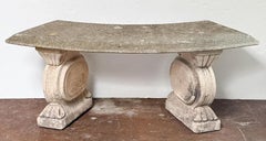 English Curved Garden Stone Bench with Scroll and Lion's Head Base Supports
