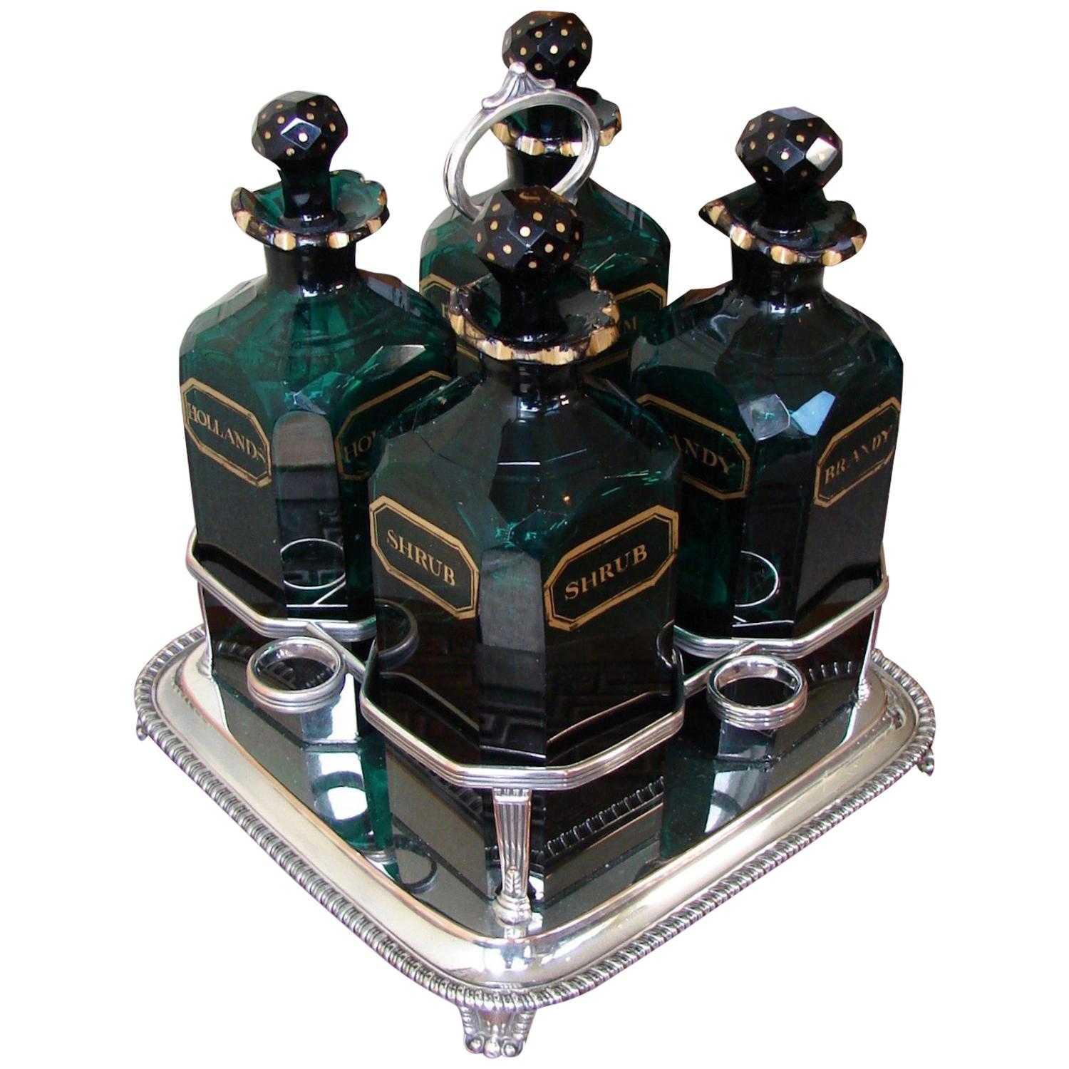 English Cut and Gilt Glass 4 Bottle Decanter Set