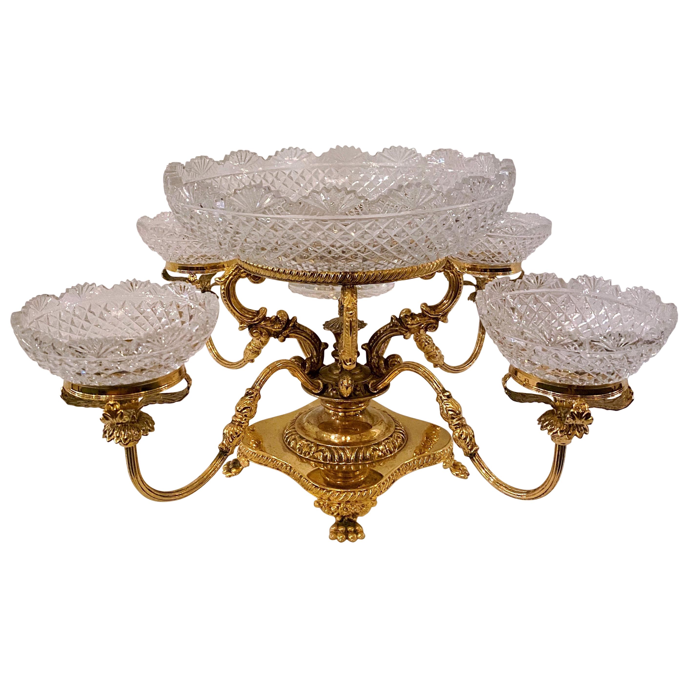 English Cut Crystal and Gold Bronze Centerpiece