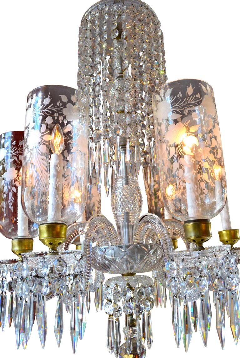 English Cut Crystal Chandelier with Engraved Hurricane Shades at 1stDibs hurricane chandelier