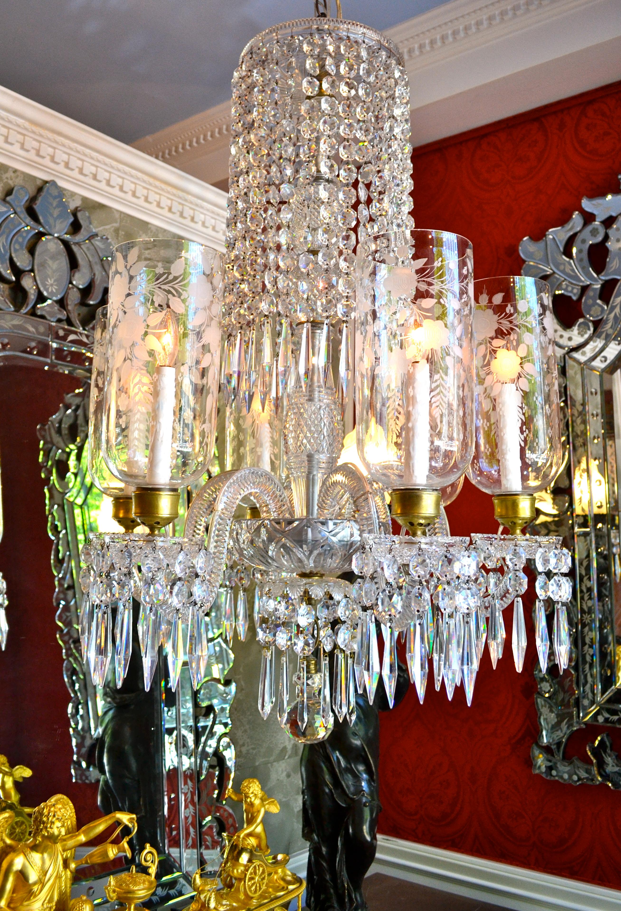 Regency Revival English Cut Crystal Chandelier with Engraved Hurricane Shades