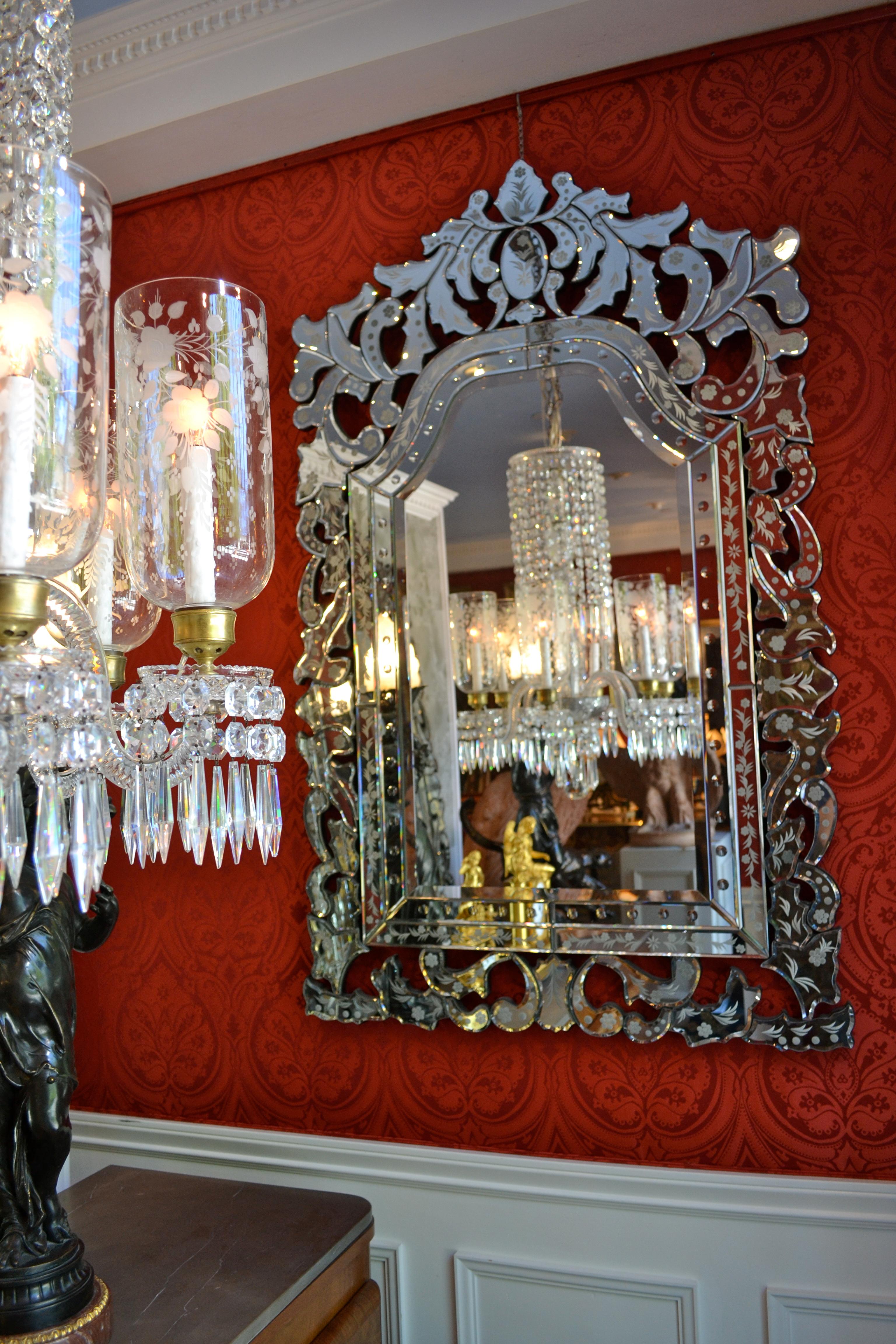 British English Cut Crystal Chandelier with Engraved Hurricane Shades