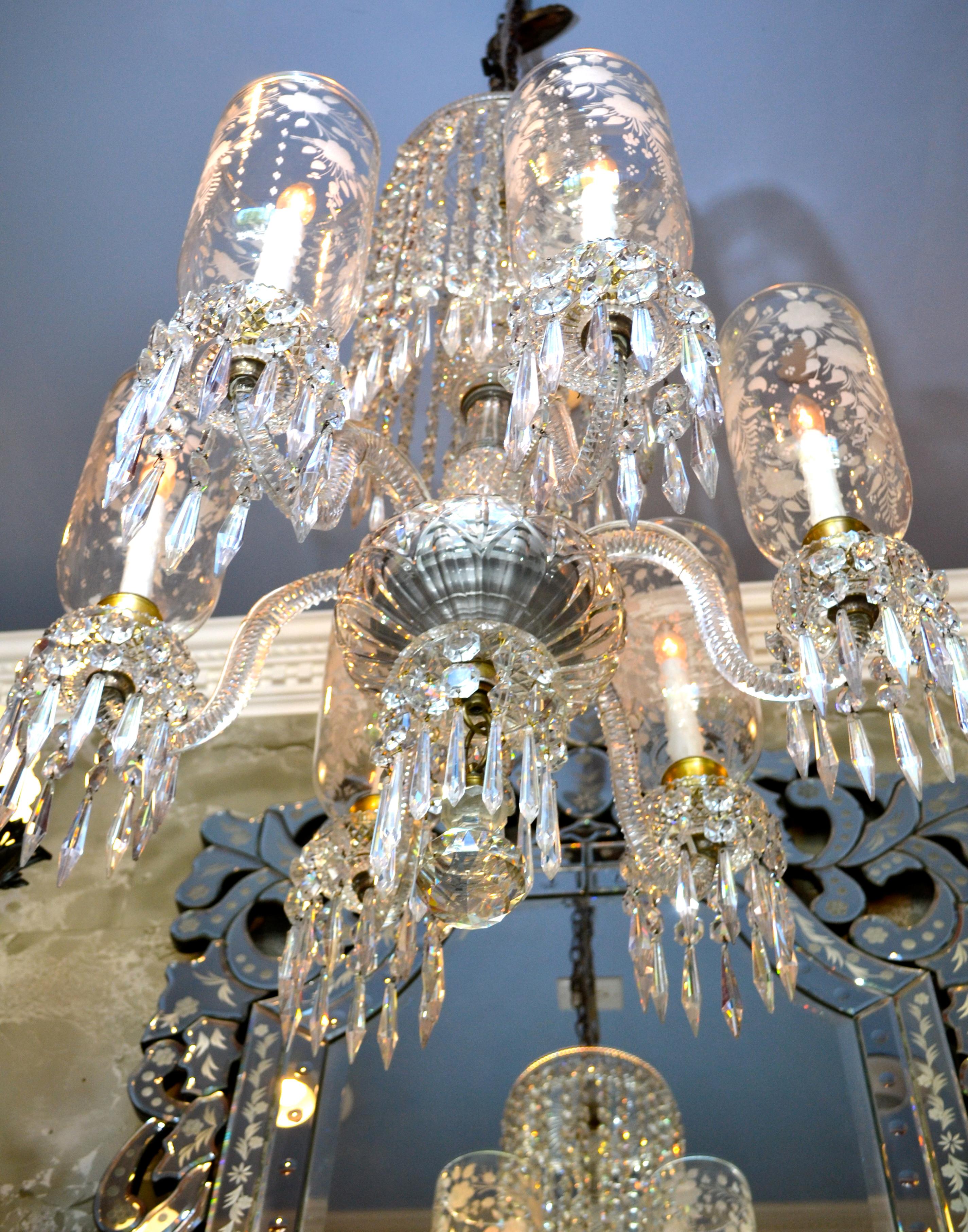 Faceted English Cut Crystal Chandelier with Engraved Hurricane Shades