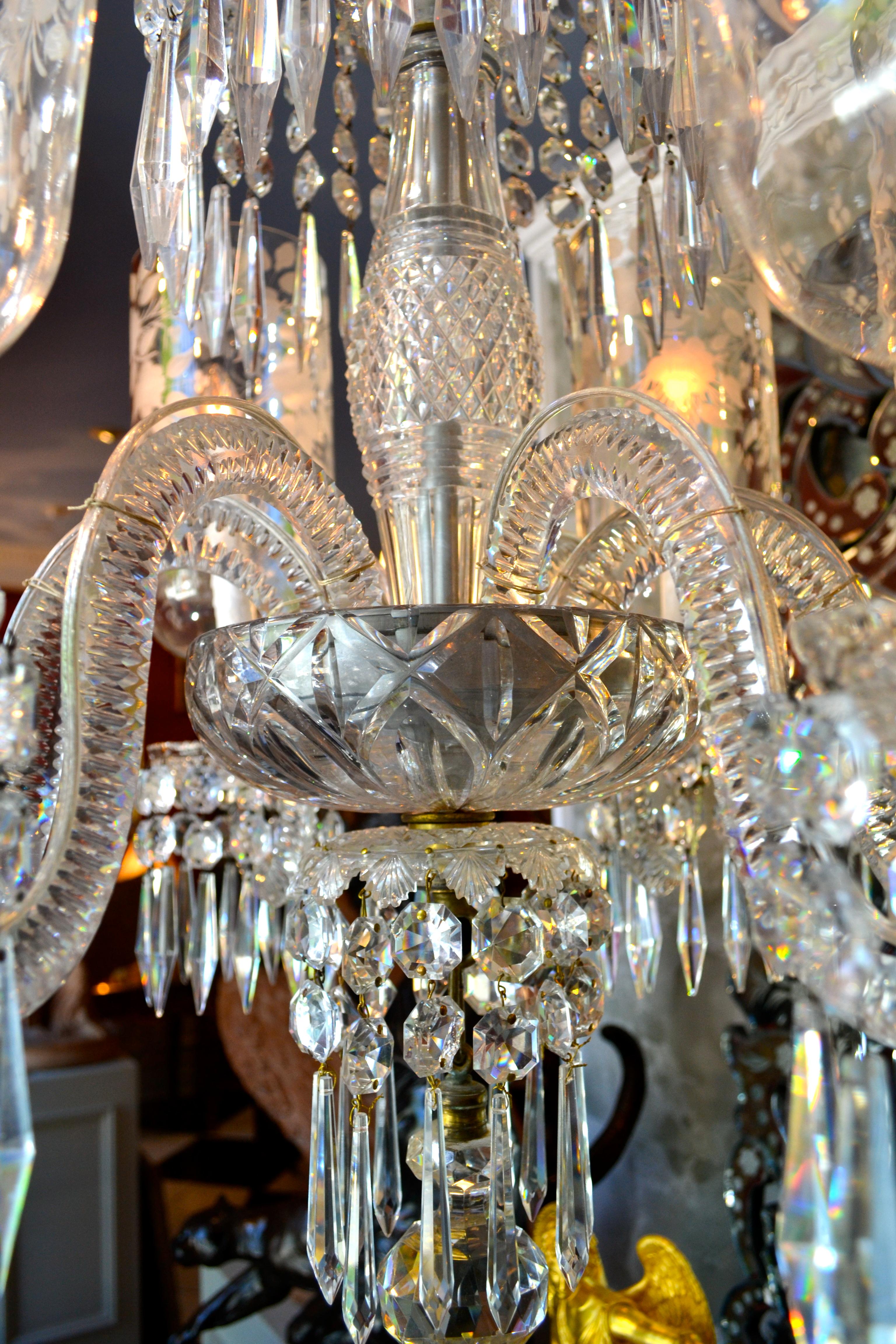 English Cut Crystal Chandelier with Engraved Hurricane Shades In Good Condition In Vancouver, British Columbia