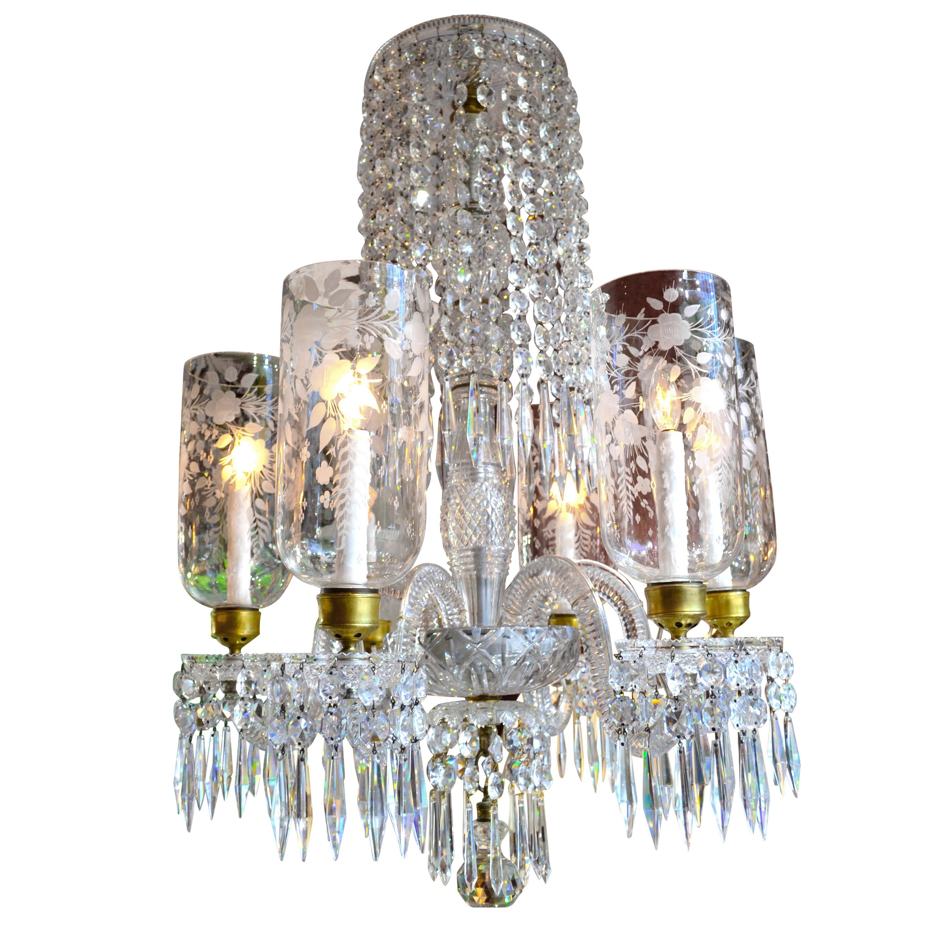 English Cut Crystal Chandelier with Engraved Hurricane Shades