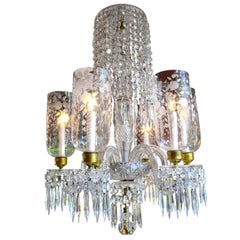 Used English Cut Crystal Chandelier with Engraved Hurricane Shades