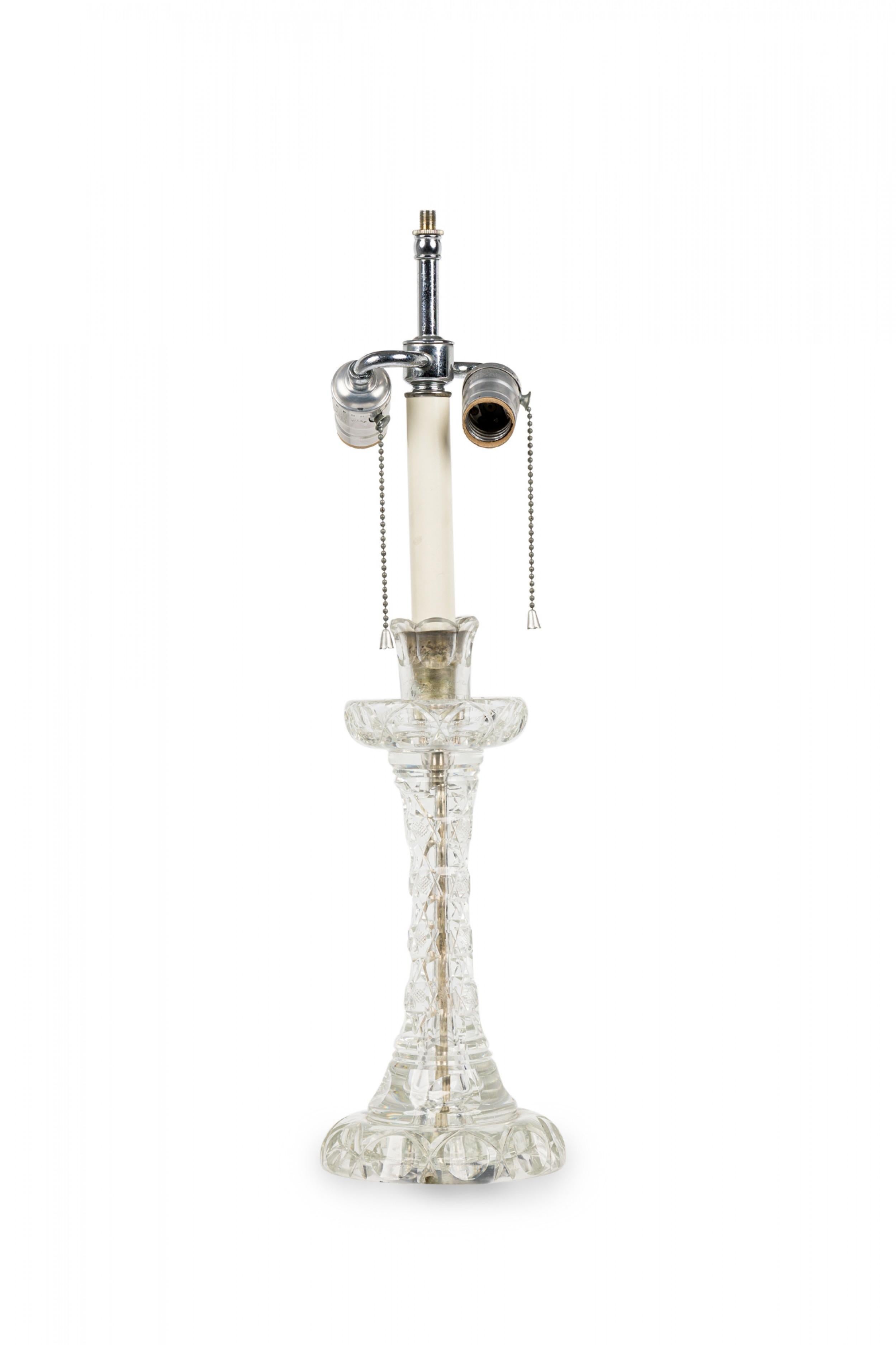 Victorian English Cut Crystal Glass Table Lamp in a Geometric Design with Pleated Shade For Sale