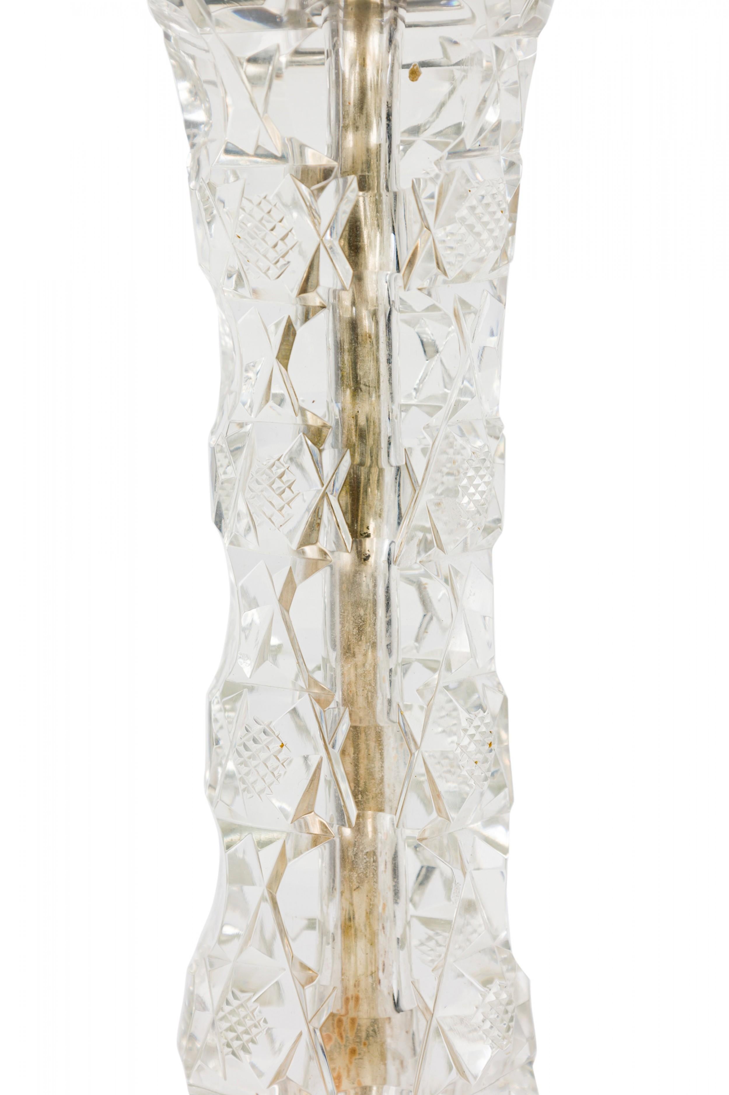 Hand-Crafted English Cut Crystal Glass Table Lamp in a Geometric Design with Pleated Shade For Sale