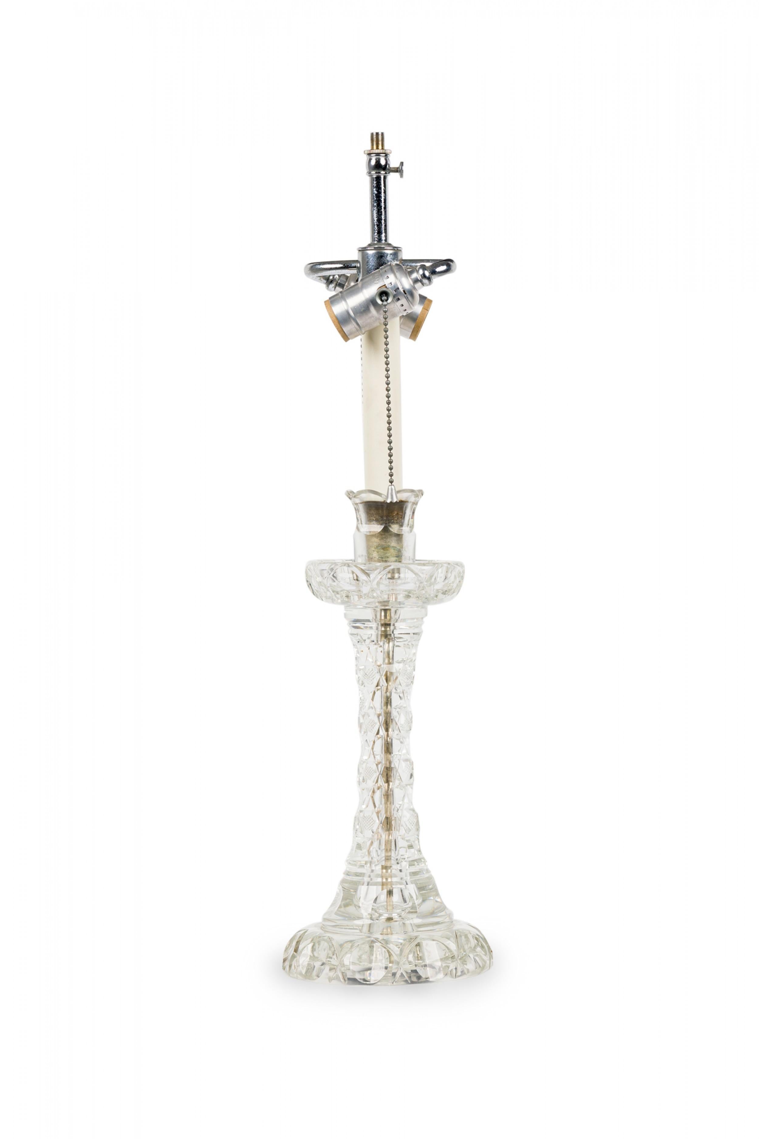 20th Century English Cut Crystal Glass Table Lamp in a Geometric Design with Pleated Shade For Sale