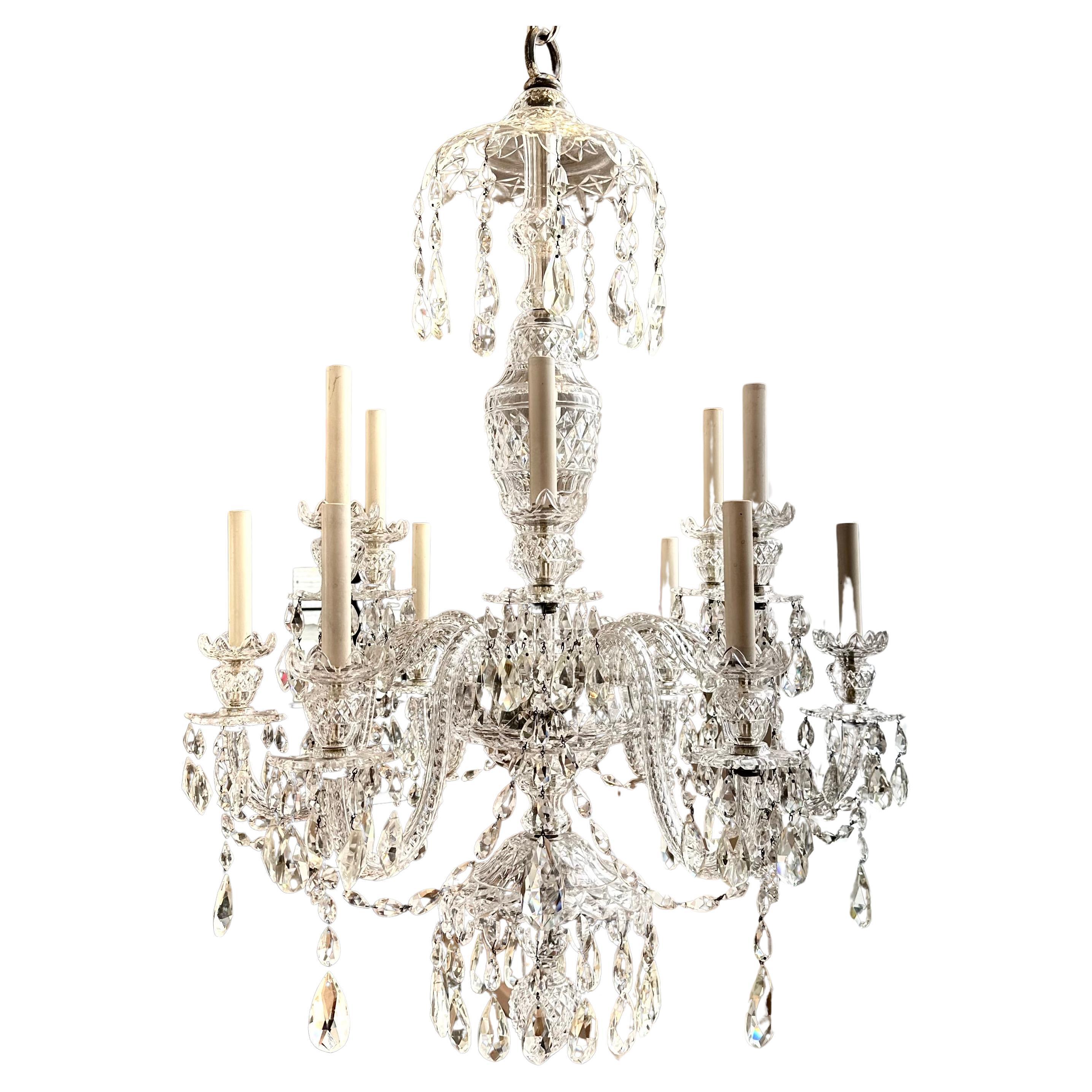 Early 20th century English cut crystal chandelier

--in character of Royal Brierley crystal
--All original, handout and in great condition
--Magnificent workmanship and color indicating English origin 
--silvered fittings throughout.
 