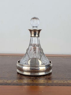 English Cut Glass Ship Decanter with Sterling Silver Mount, Label, and Coaster