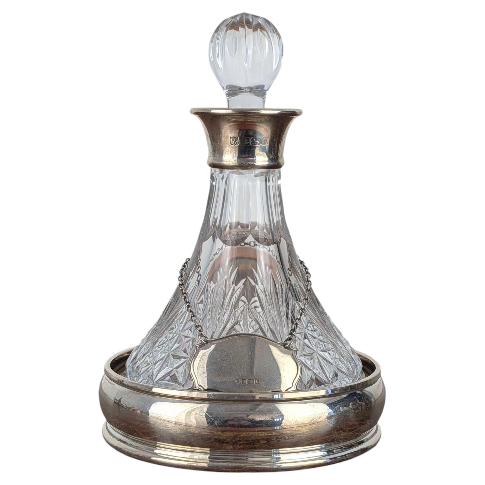 English Cut Glass Ship Decanter with Sterling Silver Mount, Label, and Coaster For Sale