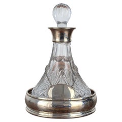 English Cut Glass Ship Decanter with Sterling Silver Mount, Label, and Coaster