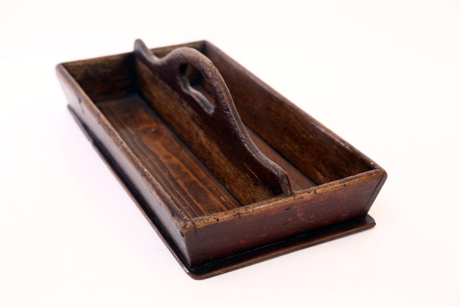 Brown painted pine cutlery caddy (or cutlery tray), dates to the 19th century, England. Beautiful patina and color.